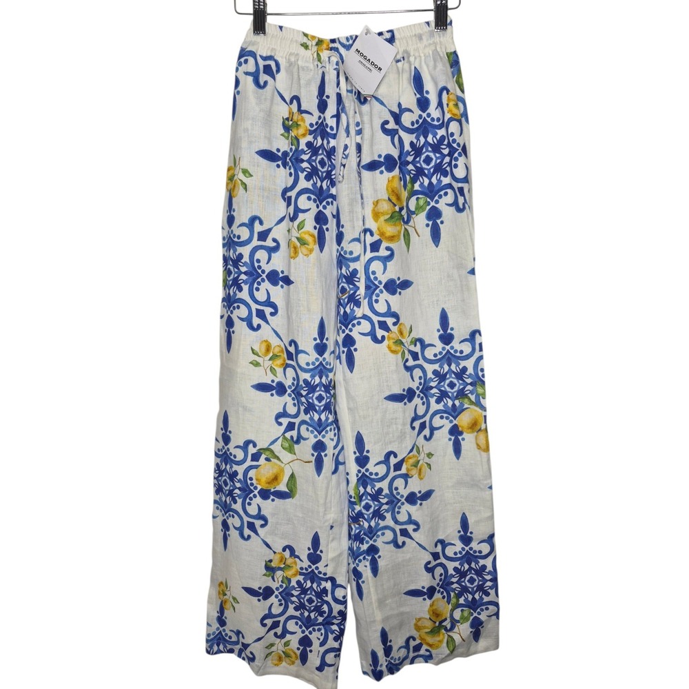 NWT Mogador Anacapri Linen Pants Womens XXS Italy Blue Yellow Lemon Print